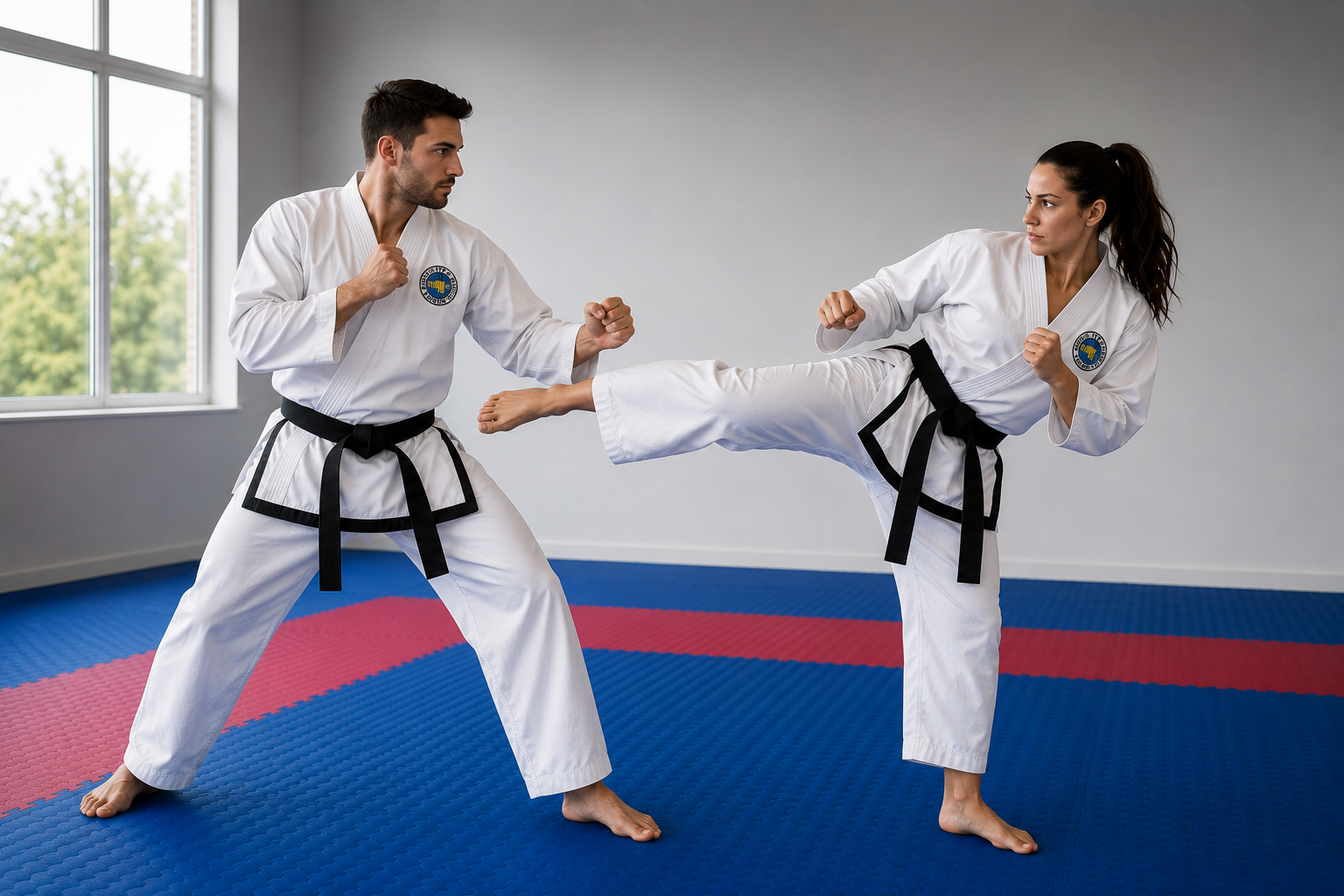 An adult male and female wearing ITF South Africa doboks with black belts demonstrate controlled Taekwon-Do sparring in a modern dojang.