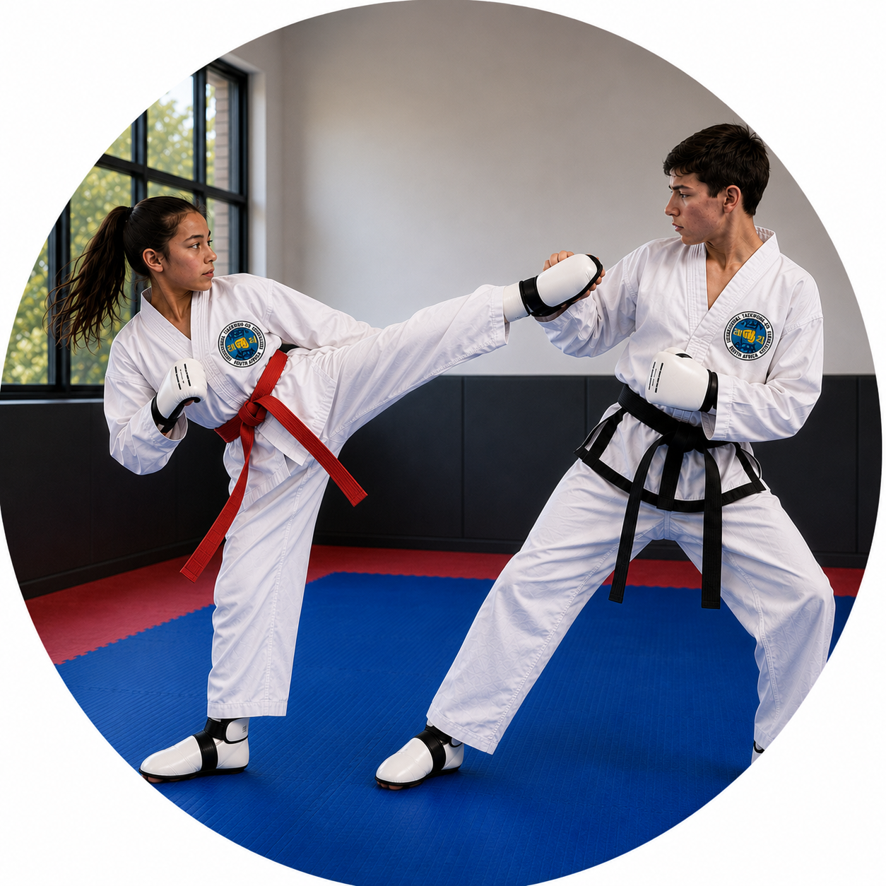 Bongae-Taekwon-Do-red-and-black-belt-sparring on mats