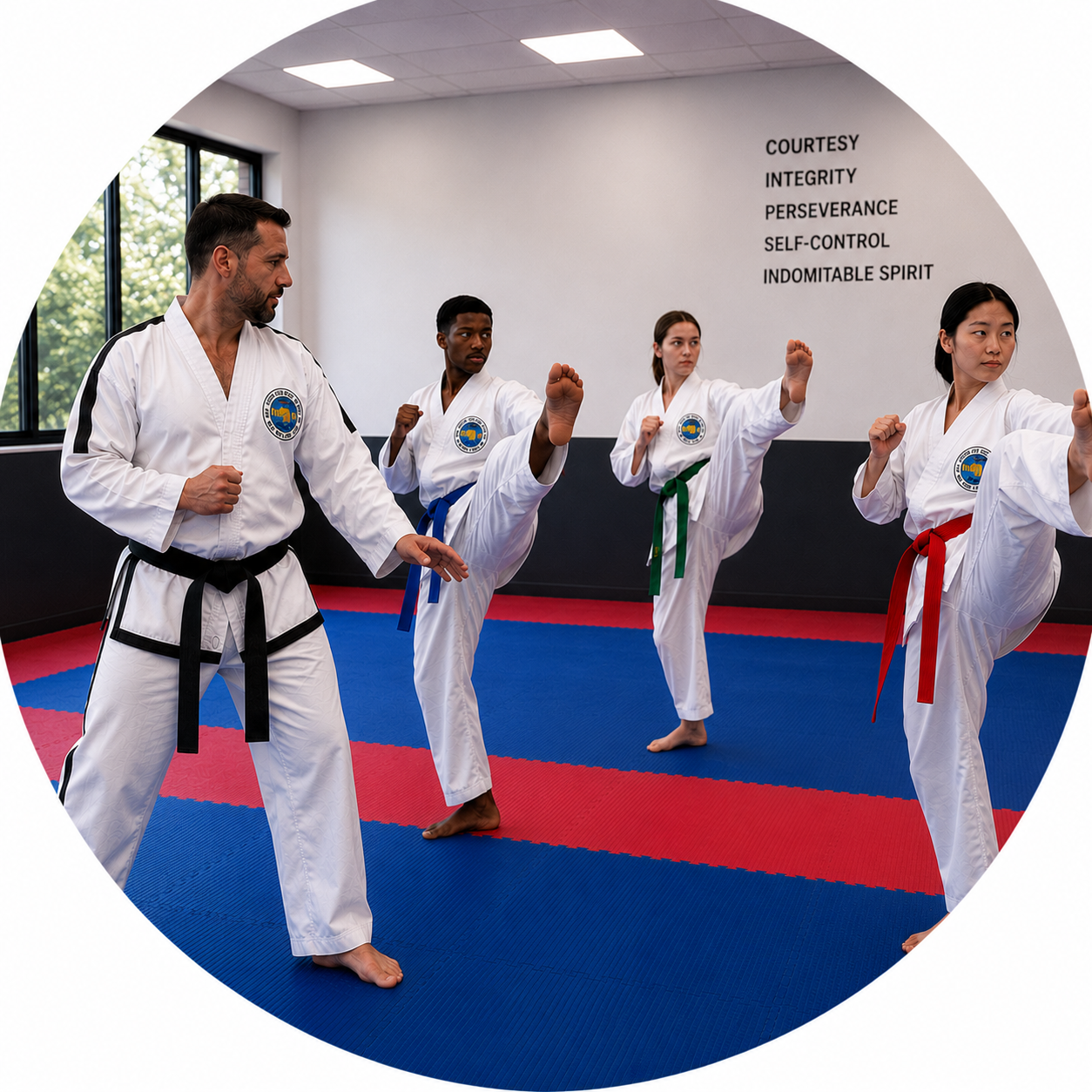 An ITF Taekwon-Do instructor teaches students of different belt ranks the fundamental techniques of kicking, balance, and body positioning during a class in a modern dojang.