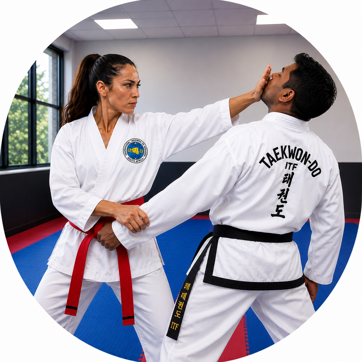 A Taekwon-Do black belt wearing an ITF South Africa dobok demonstrates a practical self-defence technique against a training partner inside a modern dojang.