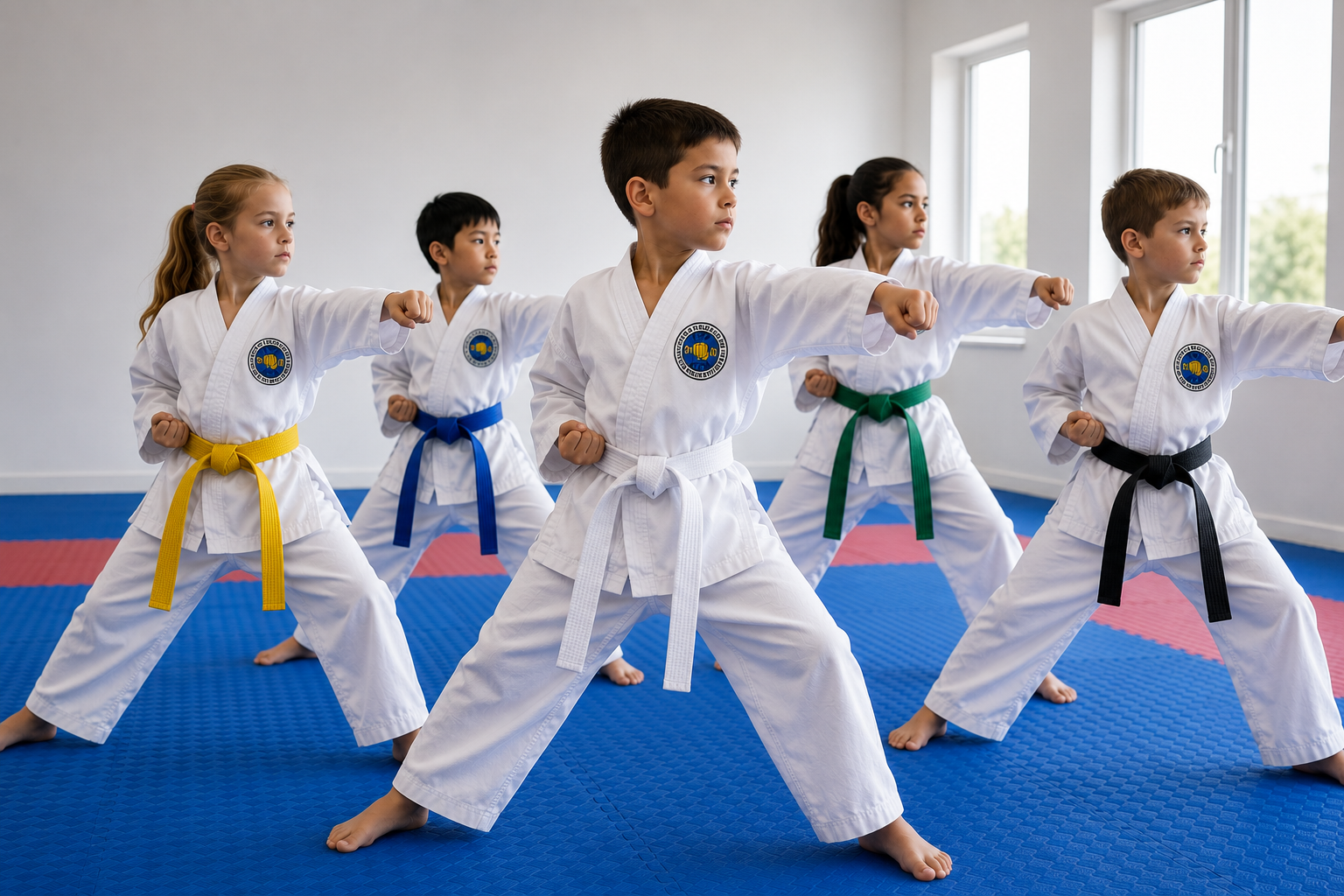 A diverse group of children wearing ITF South Africa doboks and coloured belts practise synchronized Taekwon-Do techniques in a bright modern dojang.