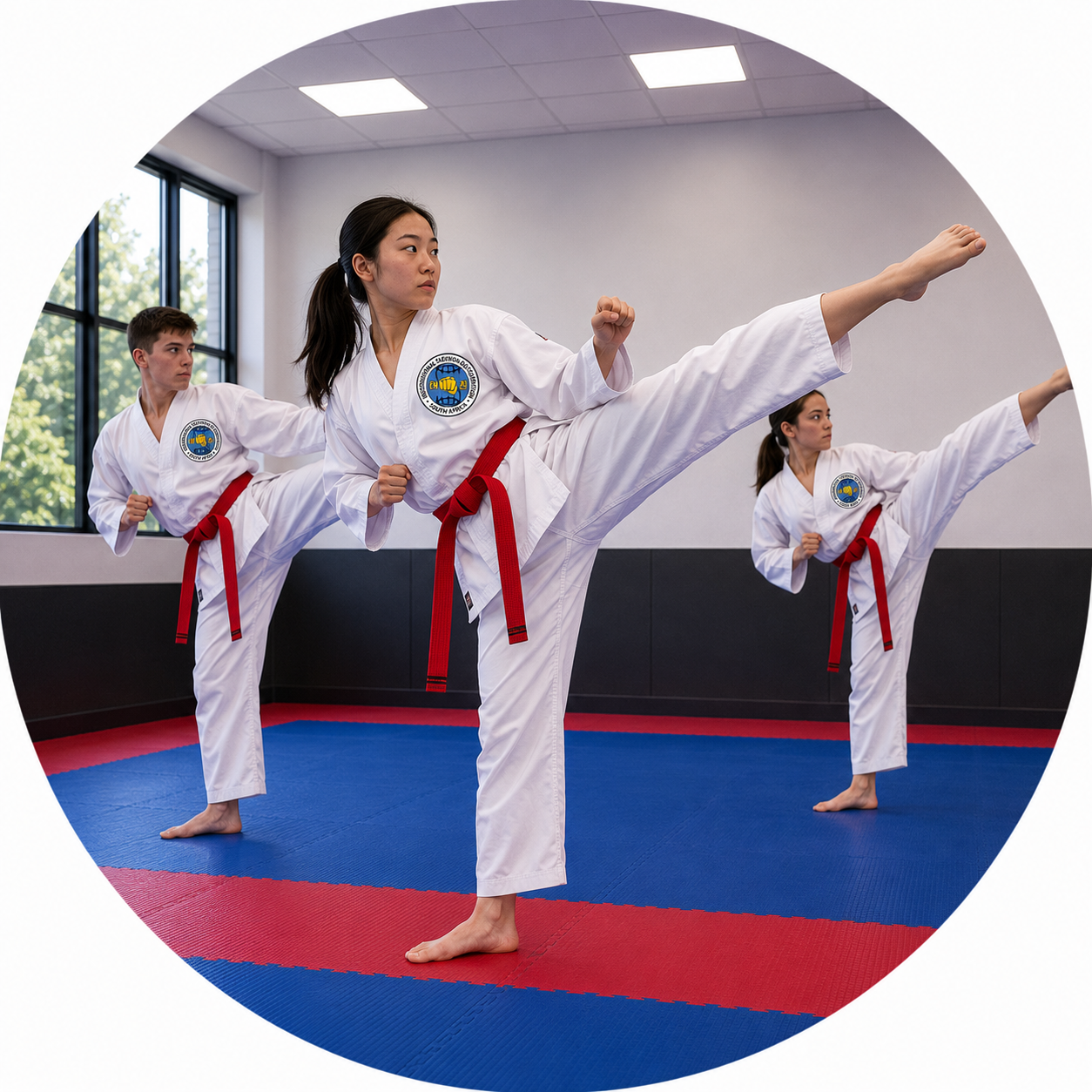 An ITF Taekwon-Do instructor coaches three adult students of different belt ranks as they practise kicking techniques in a modern dojang.