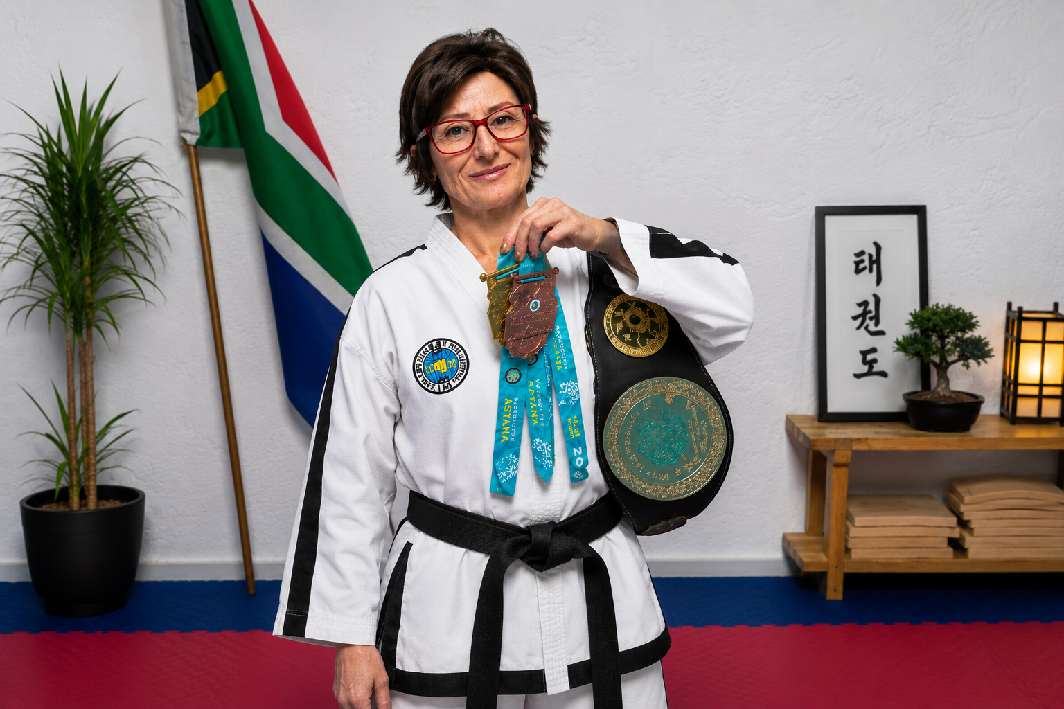 An experienced ITF Taekwon-Do instructor proudly displays international medals and a championship belt while wearing an ITF South Africa dobok in a modern training studio.